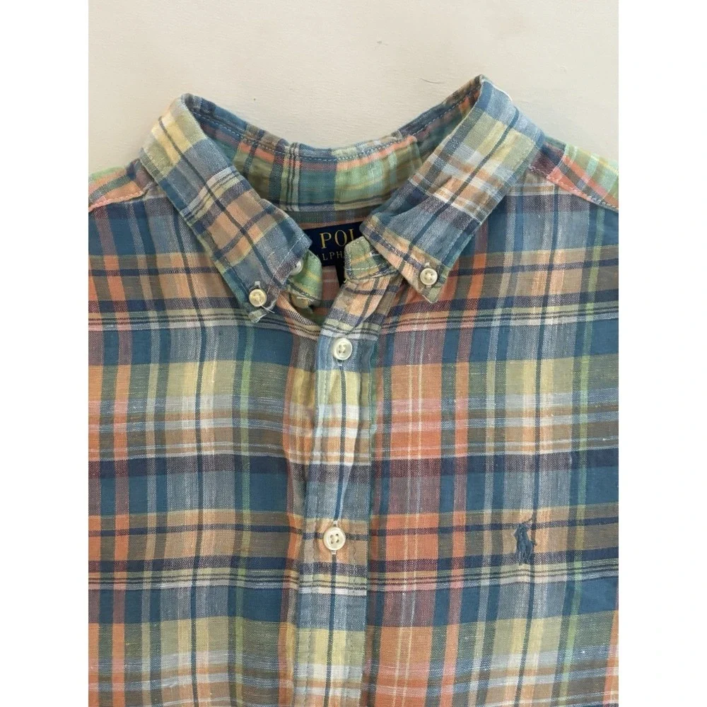 Ralph Lauren Shirt Youth‎ XL 18- 20 Plaid 100% Linen Madras Short Sleeve Button